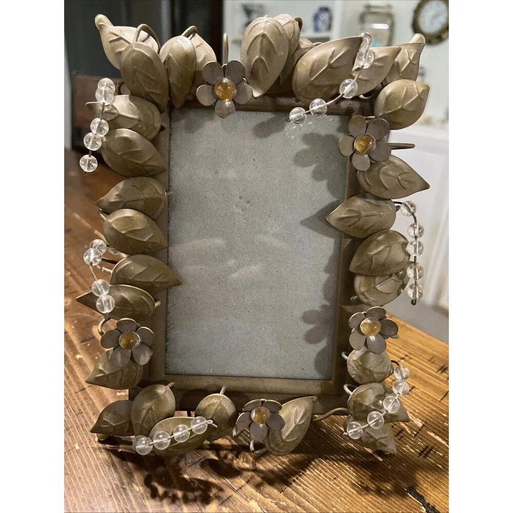 Partylite Rustic Golden Leaves Frame 4x6 Beaded Metalwork, Cottage core